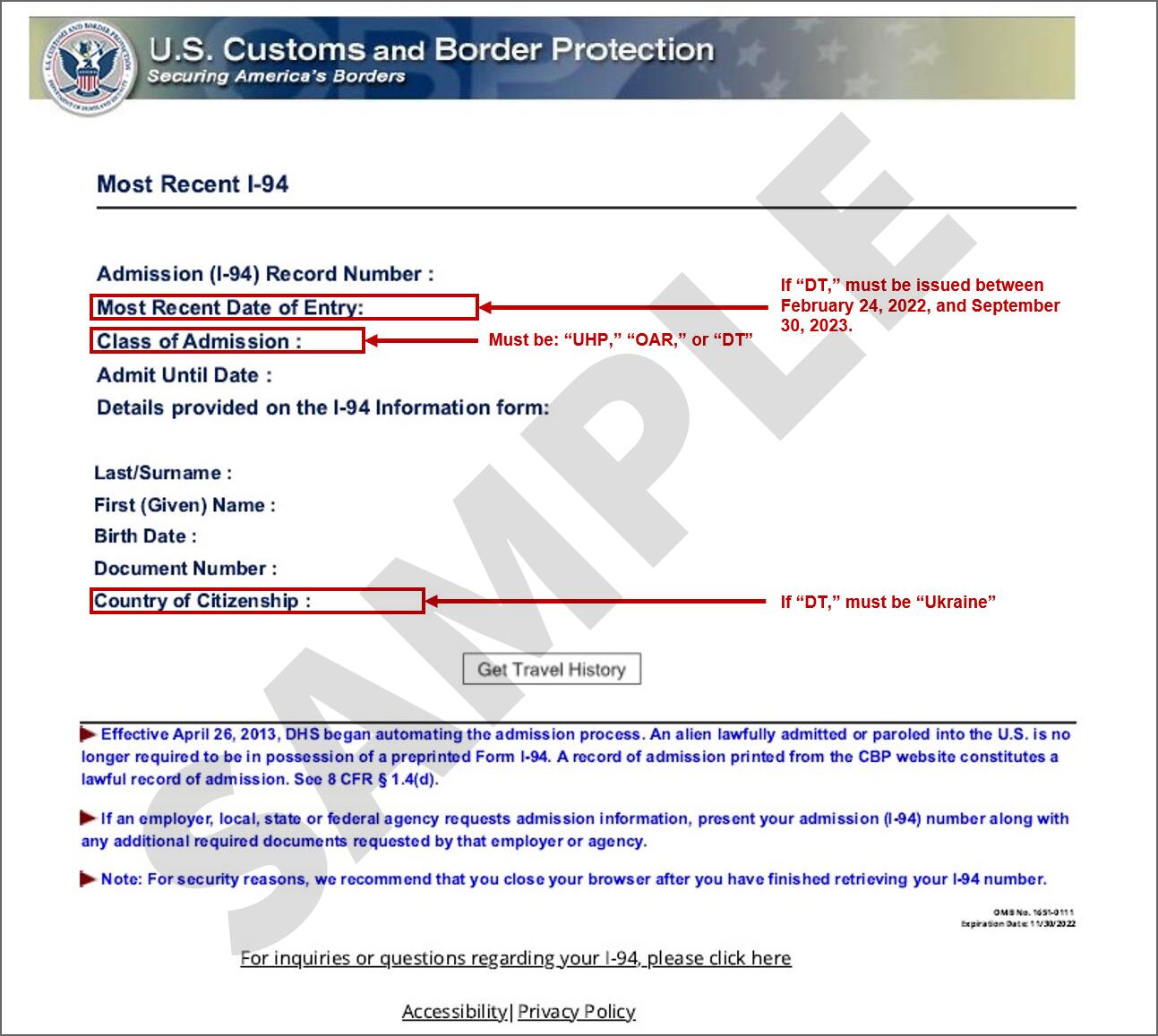 Sample form I-94